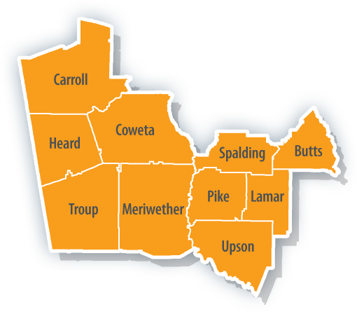 Map showing the three rivers regional commission including the West Central Georgia counties of Butts, Carroll, Coweta, Heard, Lamar, Meriwether, Pike, Spalding, Troup and Upson